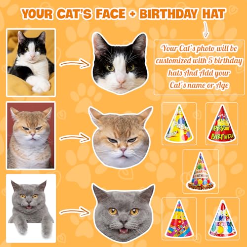 Image of Custom Cat Face Temporary Tattoos | Personalized Pre-Cut Photo, Birthday Hat and Cat Name or Text, Set of 20, Funny Party Favors, Cat Lovers