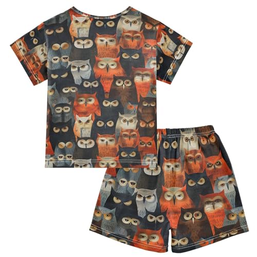 ALAZA Colored Bird Owl Art Pajamas Set Short Sleeve Cotton Sleepwear Summer Pjs 2 Piece 5-14Y2