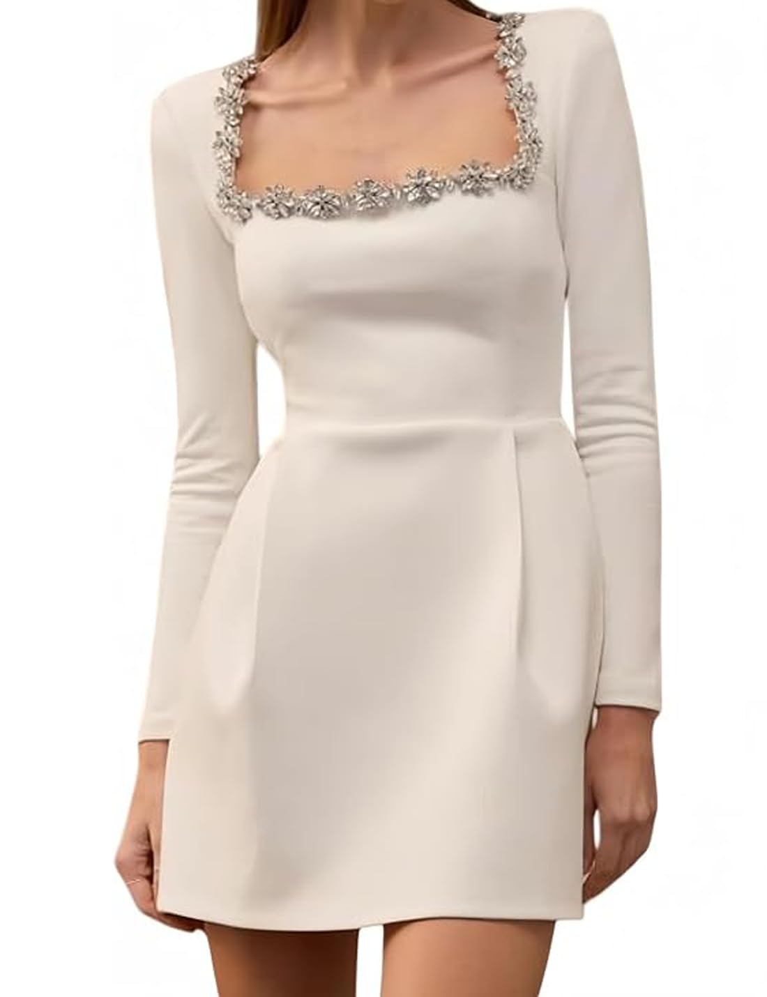 Square Neck Long Sleeve Dress Womens Short Dresses Crystal Lace-Trimmed Fashion Dresses Elegant Dress for Women