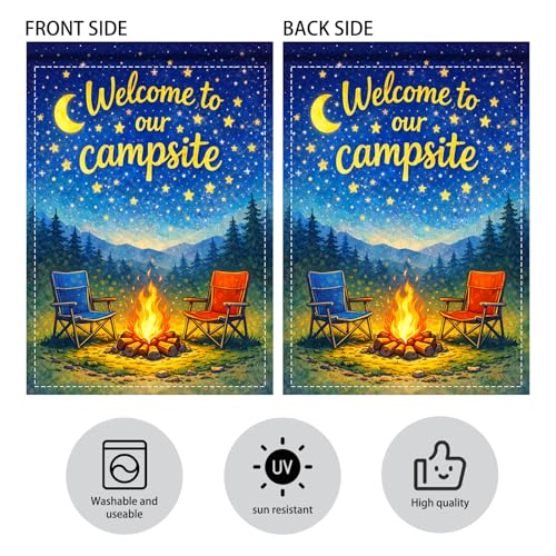 Image of Nuxovilar Camping Flag Fire Pit Garden Flag 28x40 Inches Polyester | Camping Decor Campsite Flag starry night banner camping invite sign patio yard park (Campsite Chair)