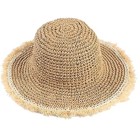 Womens Summer Frayed Straw Bucket-Sun-Hats Floppy Wide Brim Beach Straw Bucket Hat, Khaki, M Cover