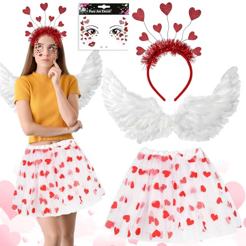 BGTLJKD Disfarce de cupido para mulher, 3 camadas saia Tutu mulher com diadema coração, Tutu branco, disfarce de cupido mulher acessórios para o dia dos namorados, cosplay, carnaval temático festa