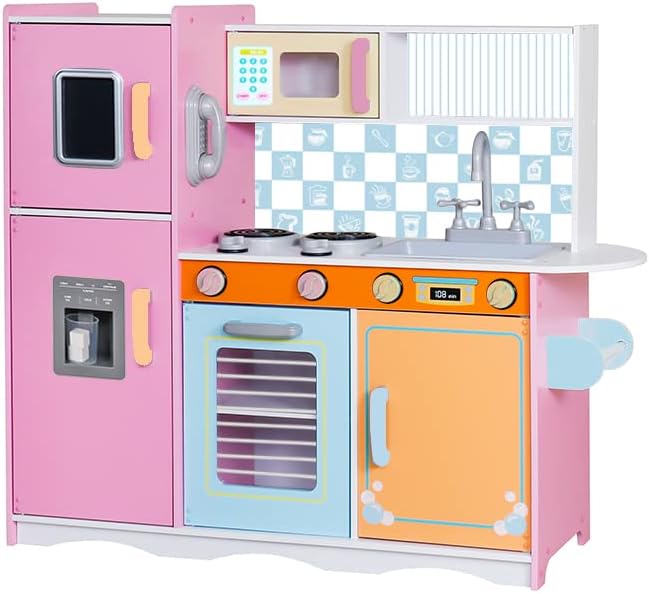 Lil' Jumbl Kids Kitchen Set, Pretend Wooden Play Kitchen with Chalk Board, Play Phone, Towel Rack & Ice Dispenser, Clicking Knobs, Pots & Utensils Included - Colorful