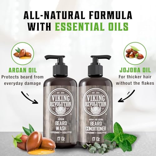 Viking Revolution Beard Wash & Conditioner Set w/Argan & Jojoba Oils – Softens, Smooths & Strengthens Beard Growth - Natural Peppermint and Eucalyptus Scent - Shampoo (17 oz)
