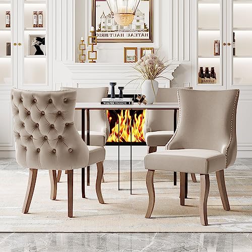 Goldicoo Juego de 4 sillas de comedor tapizadas de terciopelo beige, con acolchado de botones y ribete de cabeza de clavo, patas curvadas de madera maciza, 50 x 45 x 91 cm