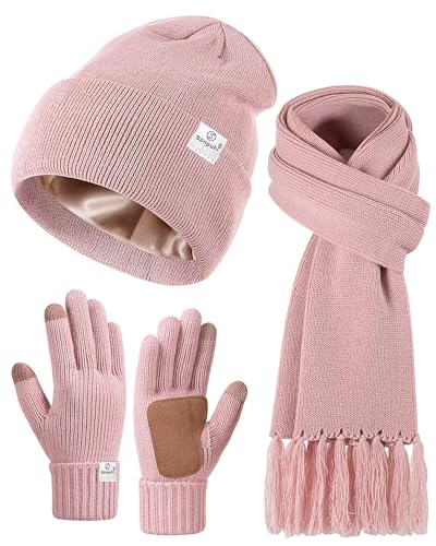 Womens Satin Lined Beanie Scarf Gloves Set, Silk Lined Winter Hat...