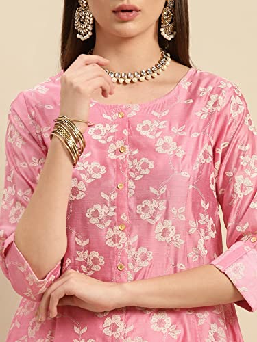 Image of rangita Pink Chanderi Calf Length Printed Flared Kurti for Women | Kurta for Women