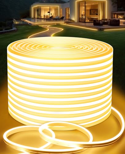 Lamomo Outdoor LED Strip Light 30M, Waterproof Dimmable Neon Light Strip, 24V Warm White Flexible Cuttable Rope Lights for Kitchen Bedroom Garden,Outdoor Indoor Decor
