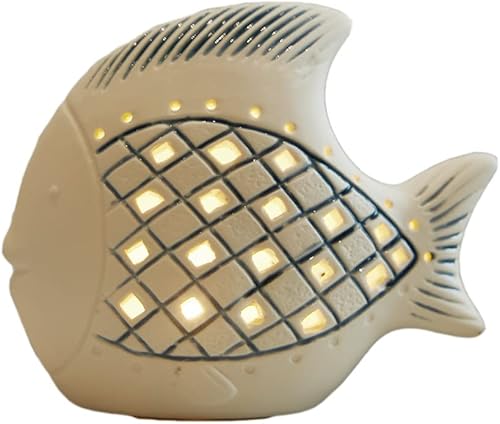 Miniatura 12 de SEINHIJO Estatua de pescado escultura decoración del océano regalos estatuilla moderna cerámica artes luz LED 5.5 pulgadas