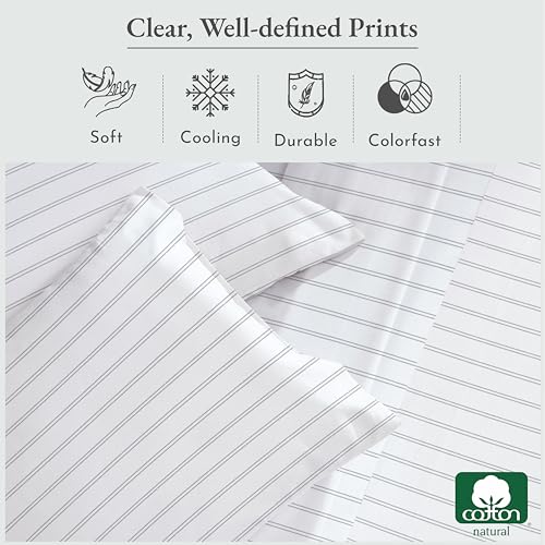 Image of California Design Den King Bed Sheets Stripe Set, 100% Cotton Deep Pocket King Sheets & Pillowcase Set, Soft Sateen Weave - Classic Stripe