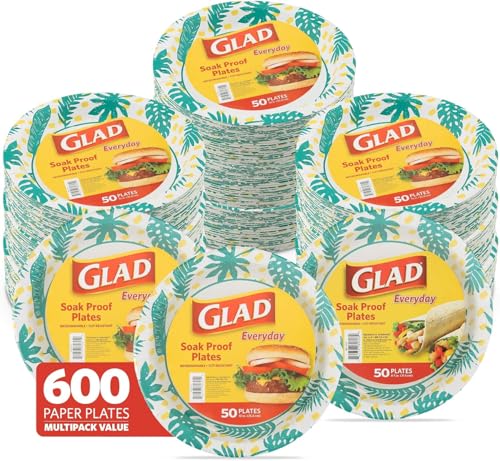 Glad Round Decorative Disposable Paper Plates, Palm Leaves Pattern, Soak Proof, Cut Resistant, Microwave Safe Dinner Plates for Everyday Meals, Parties, and Picnics, 10 Inch, 50 Count - 12 Pack