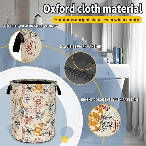 Image of Anchor Compass Laundry Basket Foldable Waterproof Hamper 18.9 x 16.5 Inch | Oxford Cloth With Reinforced Handles Lining Design Large-Capacity Storage For Bathrooms /Laundry Rooms / Living Rooms /Bedrooms