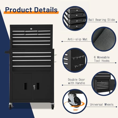 13-Drawer Double Door Rolling Tool Chest, 2 in 1 Detachable Tool Chest,Tool Box with Drawers and Wheels, Large Tool Cabinet with Lock, Metal Standing Toolbox for Garage Workshop-Black - Image 6