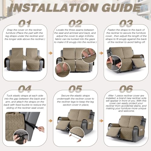 Image of TAOCOCO 100% Waterproof Recliner Covers, Recliner Sofa Covers with Leg Straps, Reversible Recliner Couch Cover for Reclining Chair, Washable Couch Protector for Pets Kids(2 Seater, Khaki)
