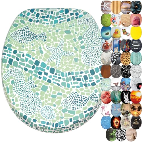 Sanilo Abattant WC frein de chute, Grande sélection de lunettes de toilette avec abaissement automatique, Fixation facile (Mosaique Mondiale Vert)