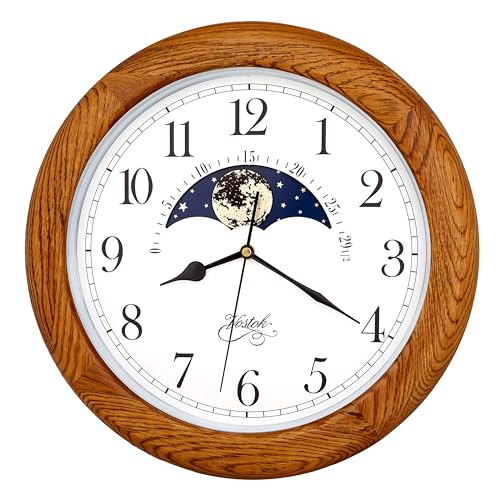 JUSTIME 14 Inch Exclusive Solid Oak Wood Non-Ticking Sweep Mechanical Specialty Moon Phase Moving Dial Wall Clock, Gift, Home Décor