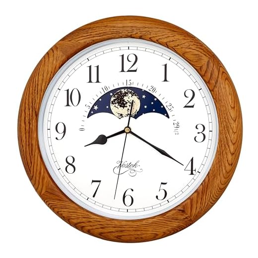 JUSTIME 14 Inch Exclusive Solid Oak Wood Non-Ticking Sweep Mechanical Specialty Moon Phase Moving Dial Wall Clock, Gift, Home Décor
