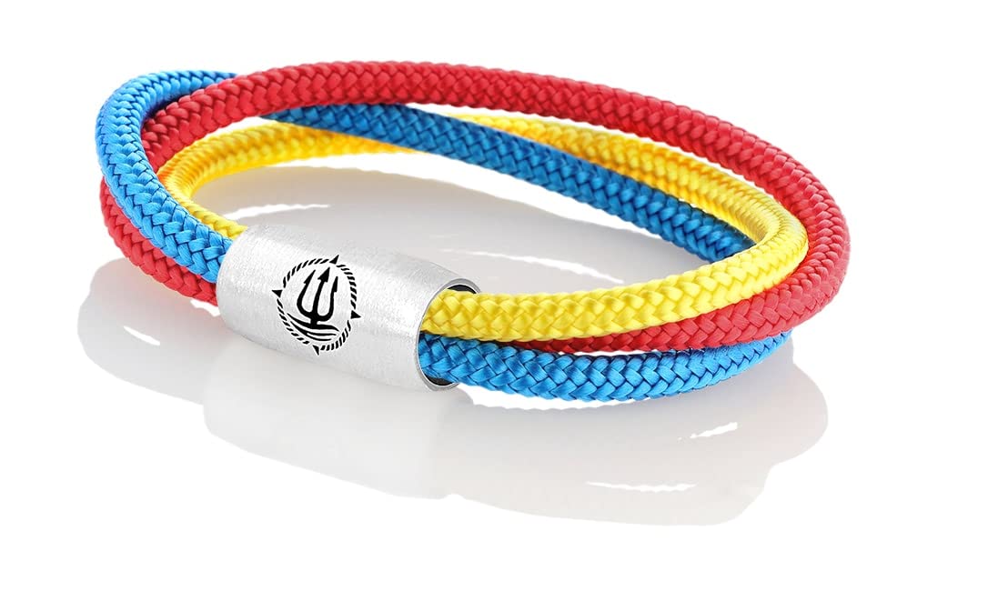 Maritimes Seemannsgarn Segeltau Armband Trinidad rot, blau, gelb, dreireihig, 8mm