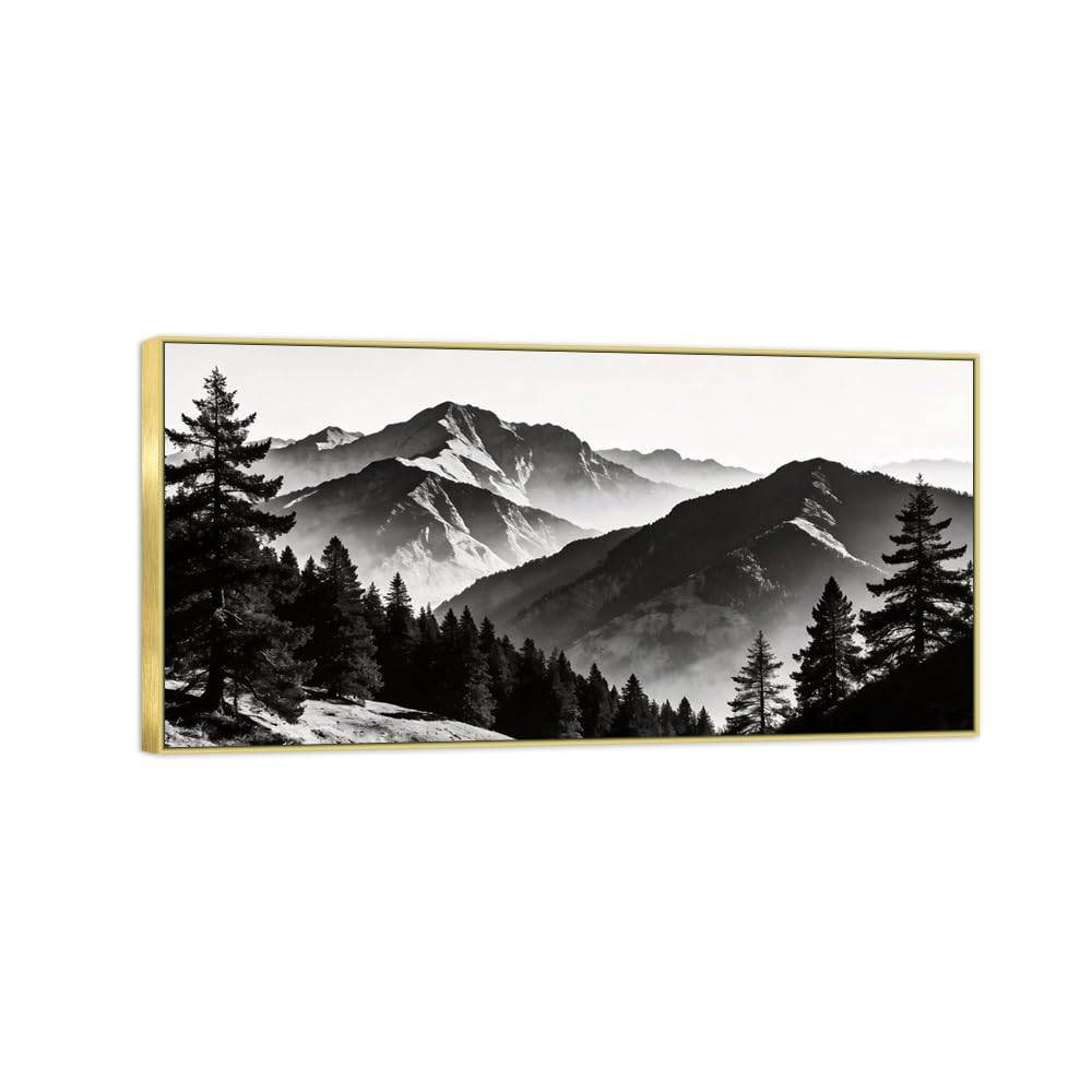 Tree Mountain 4 Black White Landscape Canvas Picture 20x40cm Gold Frame
