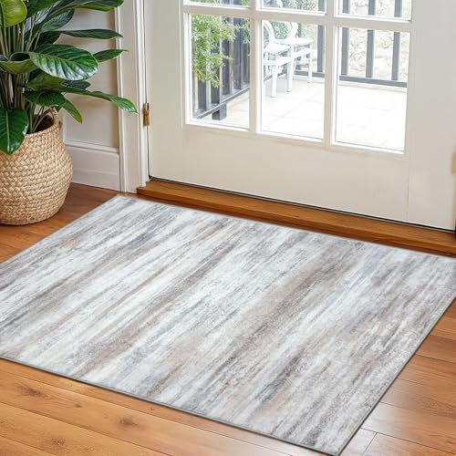 KOZYFLY Modern Abstract Small Area Rugs 2x3, Washable Kitchen Rug Non-Slip Soft Small Bathroom Rug, Beige Striped Entryway Rugs Abstract Print Faux Wool Doormat for Bedside Entrance Bedroom Sink