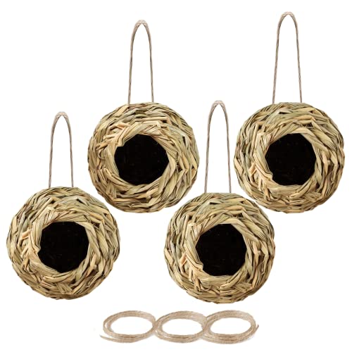PiiSheou 4 Pack Hummingbird Houses for Nesting, Woven Grass Birdhouses for Outdoors Hanging, Humming Bird House, Finch Bird House, Blue Bird House, Wren Houses for Outdoors Gardening Decorations