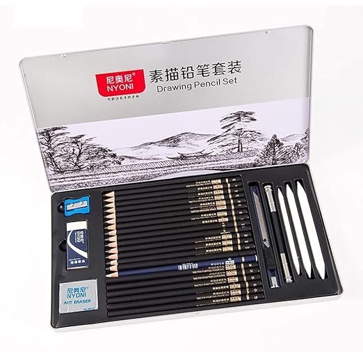 Rdipsie Sketch Pencil Set Drawing Painting Tools Iron Box Packing Artistic Materials Pencils Rubber Pencil Charcoal Pencils Etc 29 pieces per Set