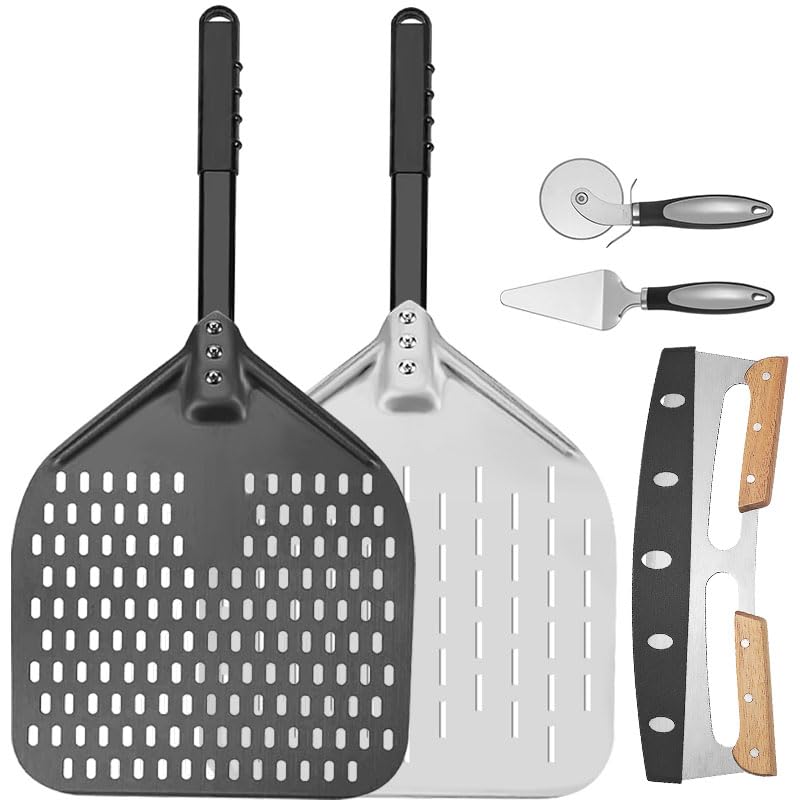 Pala Pizza Pala for pizza perforada de 12 pulgadas, aluminio anodizado duro, con mango, for dar vuelta a la(4pcs Silver Set)