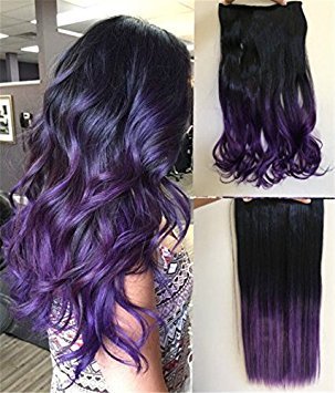 Long Thick One Piece Half Head Straight Ombre Clip in Hair Extensions (Col. Natural black to Purple)