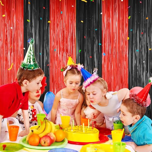 Image of 2Pack Black Red Backdrop Curtains Party Decor, Door Streamers Photo Booth Backdrop Metallic Party Streamer Tinsel Foil Fringe Curtains Backdrop Halloween Baby Shower Bachelorette Xmas Party Decors