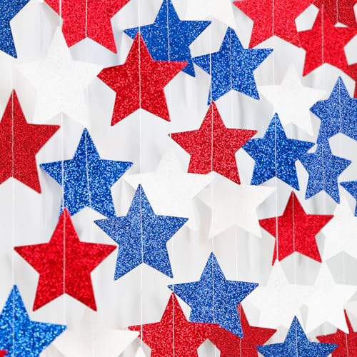 Image of Fourth-4th of July Memorial-Day Party-Decorations - 62ft Patriotic Red-Blue White Twinkle Little Star Hanging Streamers-Garland Banner,Independence Graduation Baby Shower Birthday Decor Hugtmr