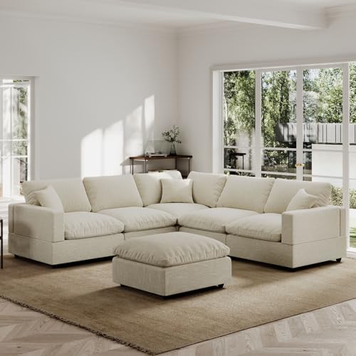 Gtilzria Modern Sectional Linen Couch for Living Room V-Shape Sofas,5 Seat Modular Cloud Sofas with Ottoman,Couches Cushion Covers Removable,Cozy Feather Down Sofa for Apartment Beige