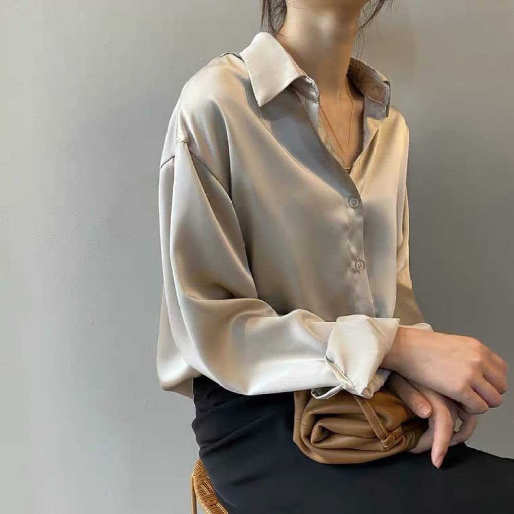 Damenhemden,Damen Satin Bluse Hemd Beige Langarm Vintage Mode Seidenhemden Business Hemd Mit Knopf Sexy Party Tops Casual Arbeit Büro Bluse Für Mädchen Damen