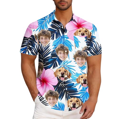 Personalised Hawaiian Shirts for Men Button Down Shirts Printed with Face Photos Casual Top Printing Short Sleeves Customisable Clothing Print Your Own Shirt Summer Custom Shirt Hot Pink 4XL