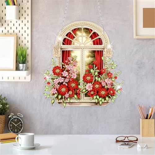 AMZGSHOP 2D/flaches DIY-Diamant-Kunst-Ornament-Set, hängende Diamant-Kunstmalerei, spezielle geformte Kristallstein-Handwerk-Diamant-Fenstermalerei-Anhänger-Kit, Hausgarten, Wandbehang Ornament