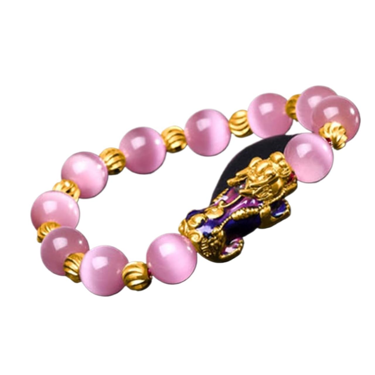 Nzpost Women's Pink Crystal Bracelet,Agate Bracelet, Crystal Natural Cat's Eye Stone Agate Lucky Pixiu Charm Color Chan