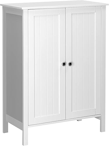 Bonnlo Armario de baño de pie con doble puerta ajustable estante ahorro espacio decorativo moderno muebles de baño blanco