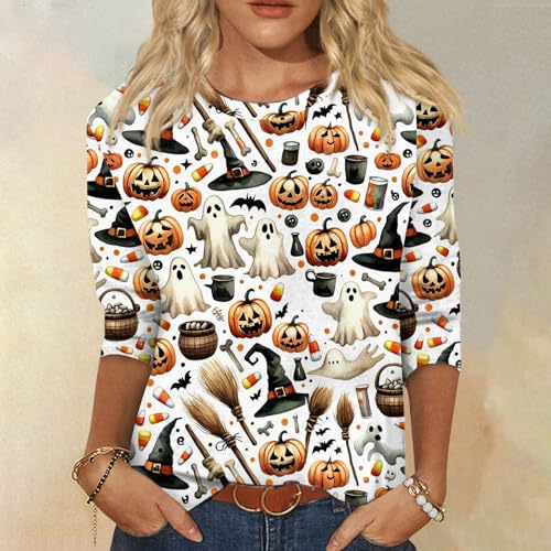 Halloween Shirts for Women 3/4 Sleeve Plus Size Crewneck Loose Fit Cute T Shirt Halloween Costumes for Women 2025