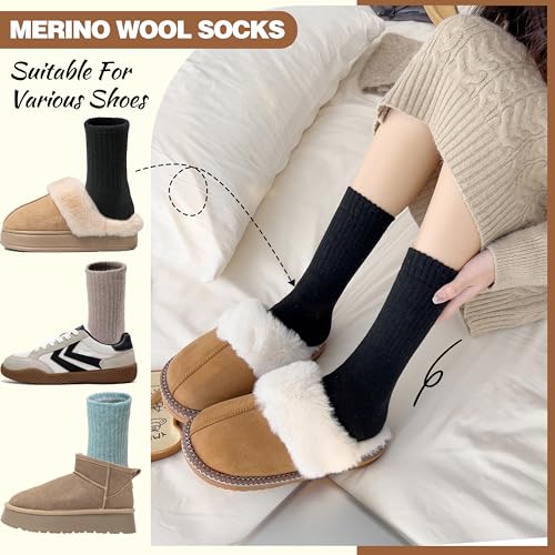Image of EBMORE 5 Pairs Women Merino Wool Boot Socks Warm Thermal Winter Thick Hiking Cozy Cabin Crew Comfy Socks for Ladies