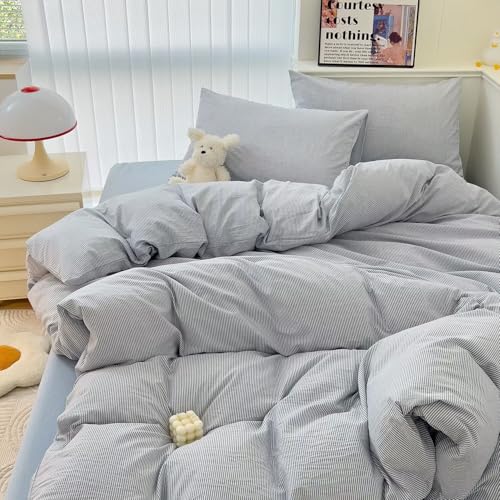Image of MKXI Ultra-Breathable Washed Cotton Duvet Cover Set, Full 3-Piece Set - Fine Blue & White Stripes - Textured, Comfy Bedding - Coastal, Farmhouse, Minimalist Style