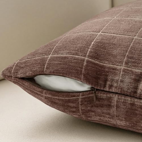 Image of MIULEE Reddish Brown Plaid Fall Decor Throw Pillow Covers 24x24 Set of 2 | Vintage Check Chenille Couch Pillows Boho Farmhouse Cushion Covers Modern Fall Home Decor for Sofa Bed Living Room