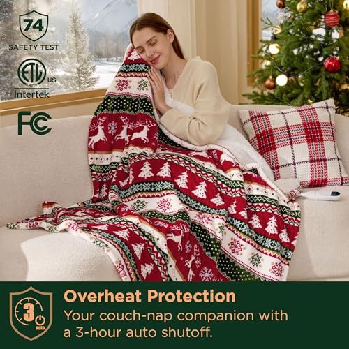 Image of Bedsure Christmas Heated Blanket Throw - Soft Flannel Sherpa Electric Blanket with Fair Isle, with 6 Heating Levels, 4 Time Settings and 3-Hour Auto-Off, Heated Throw as a Gift (50x60 inches)