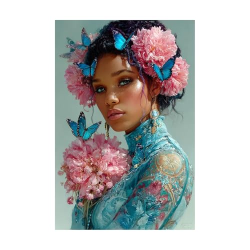 Tableau femme noire africaine fleurs rose 70x100cm sans cadre toile
