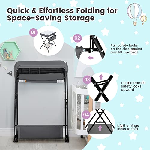 Image of HONEY JOY Changing Table, Folding Nursery Organizer with Open Shelf & Safety Belt, Portable Diaper Changing Station for Newborn (Gray, Basic)