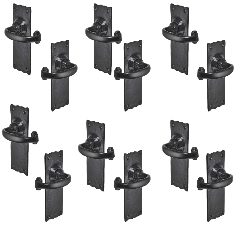 Old Hill Ironworks Burford Suite Door Handles 158mm x 55mm – Antique Black Cast Iron – Lever Latch, Lock & Bathroom Handles (6 Pairs of Latch Handles)