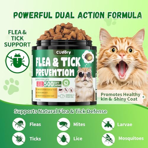 Flea and Tick Prevention for Cats – 500 Crunchy & Creamy Chews, Cat Flea Chewables with Skin & Coat Support – Oral Supplement for All Breeds & Ages – Natural Chicken Flavor - Image 4