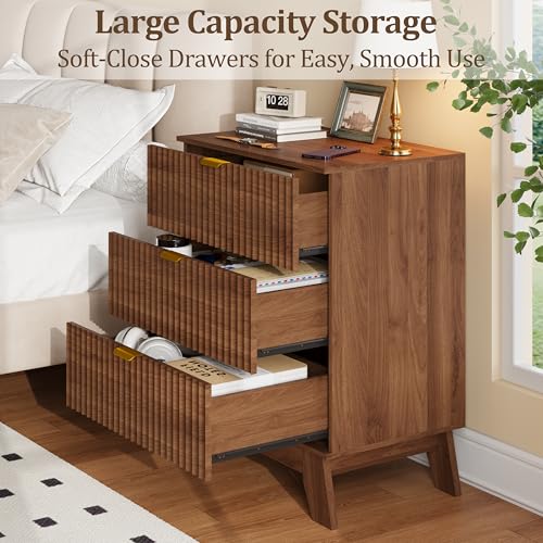 Image of Fluted Nightstand Sets of 2 with 3 Large Drawers, Wooden Side End Table with Elevated Legs for Easy Cleaning, Sturdy Modern Beside Table for Small Space, Bedroom, Walnut, 24 inch L