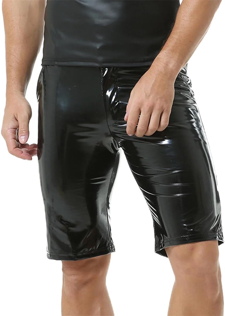 Men PVC Wet Look Leather Boxer Shorts Stage Performance Costume Sexy Slim Men Shiny Leather Night Club Wear Shorts