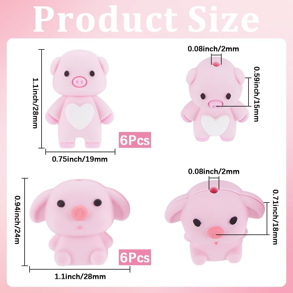 12Pcs 2 Styles Pink Pig Beads Silicone Pig Bead Bulk Soft Rubber Focal 3D Cartoon Animals Shaped Small Loose Charms Spacers for Jewelry Making Bracelets Necklaces Keychain Pens DIY Crafts - Image 2