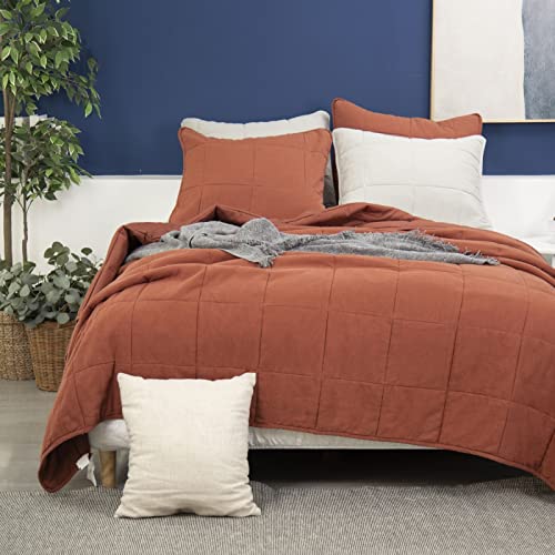 Meadow Park Stonewashed Linen Blend Box Stitch Quilt And Matching Pillow Shams 3Pcs Set, Queen Size, Cayenne Color #TOP2