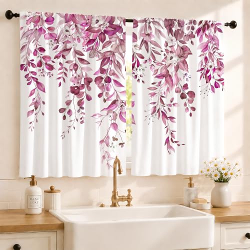 Famiffty Eucalyptus Burgundy Leaves Kitchen Curtains Red Floral Rustic Plant Window Drapes Treatment Farmhouse Leaf Flower Botanical Small Short Cafe Tier Bathroom Curtains 27.5W X 39L Inches 2 Panels